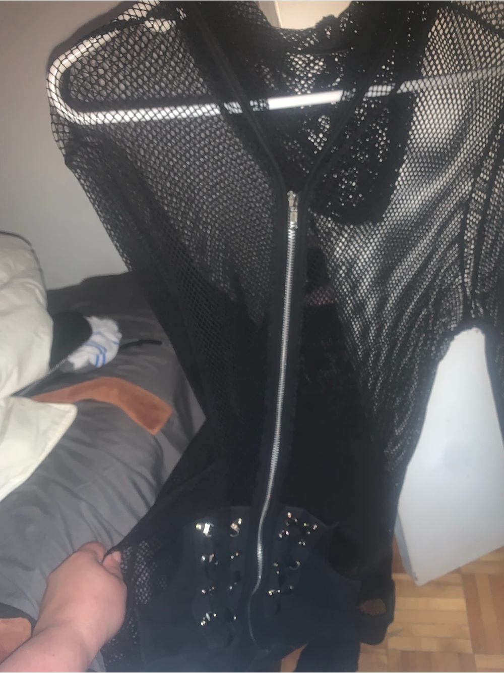 Black Mesh Zip-Front Hoodie Sweatshirt - Picture 3 of 8